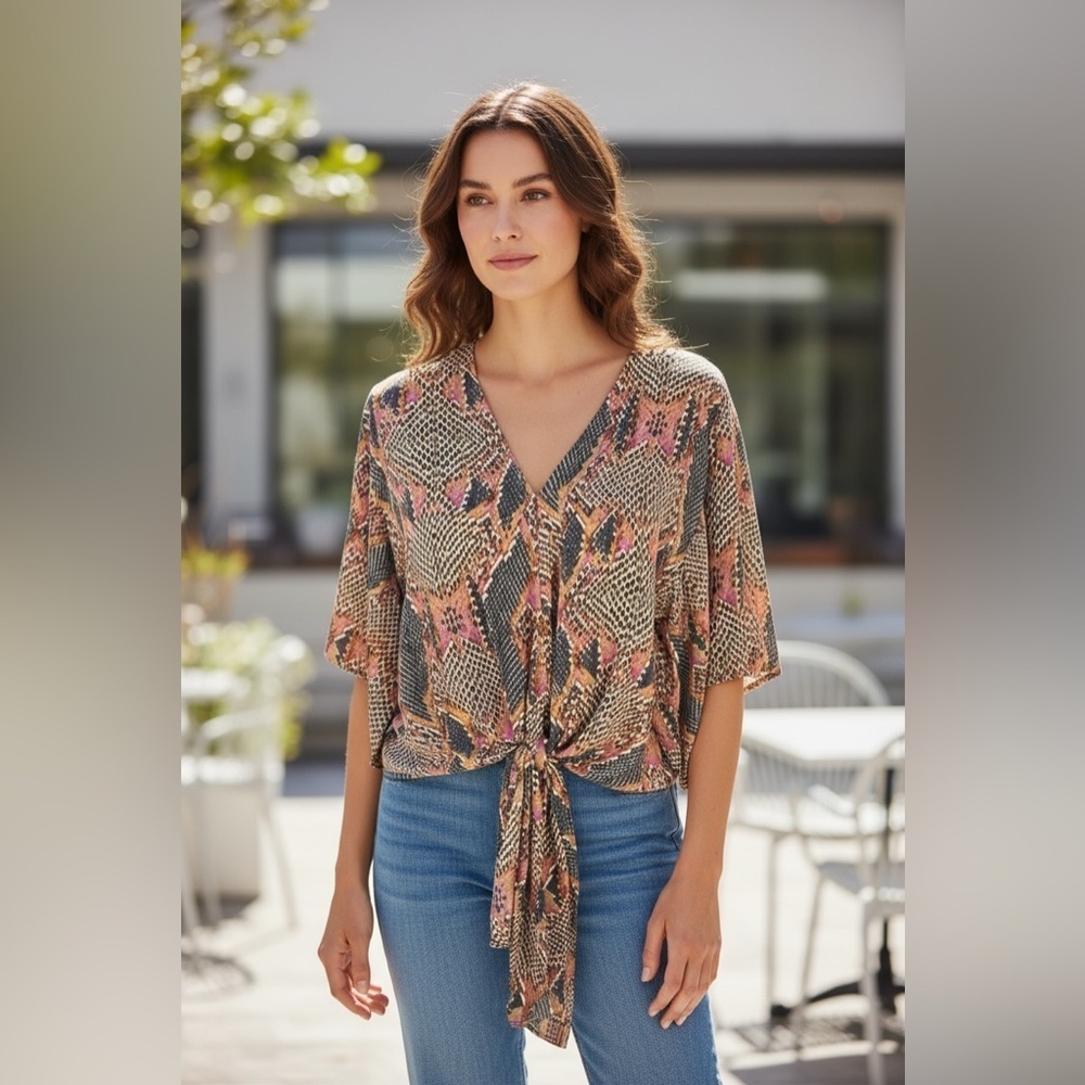 Adrienne Vibrant Patterned V-Neck Blouse NWT Small - Picture 5 of 9